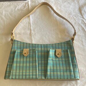 Jimmy Choo Leather Silk Plaid Shoulder Handbag Purse Outside Pockets Authentic